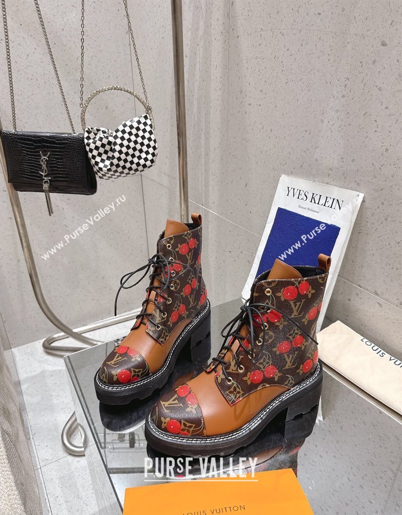 Louis Vuitton LV x TM Monogram Canvas and Leather Laced-up Ankle Boots Brown/Cherry Red 2025 LV102204 (MD-251022032)