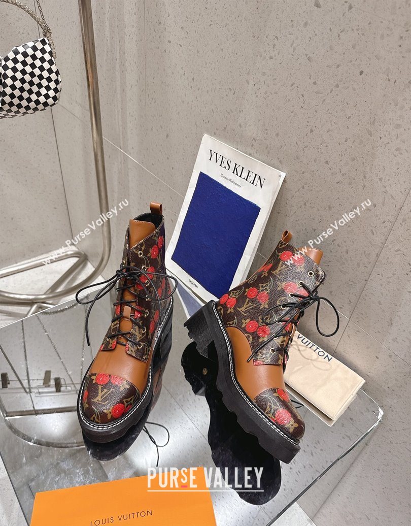 Louis Vuitton LV x TM Monogram Canvas and Leather Laced-up Ankle Boots Brown/Cherry Red 2025 LV102204 (MD-251022032)