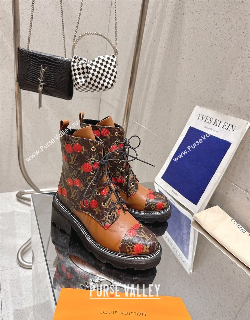 Louis Vuitton LV x TM Monogram Canvas and Leather Laced-up Ankle Boots Brown/Cherry Red 2025 LV102204 (MD-251022032)