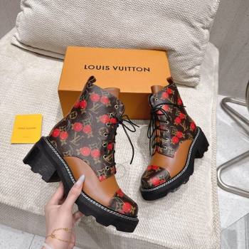 Louis Vuitton LV x TM Monogram Canvas and Leather Laced-up Ankle Boots Brown/Cherry Red 2025 LV102204 (MD-251022032)
