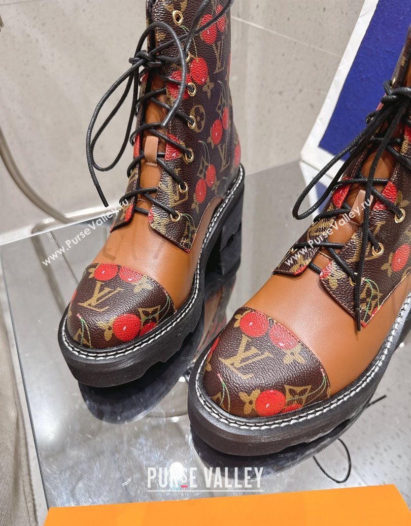Louis Vuitton LV x TM Monogram Canvas and Leather Laced-up Ankle Boots Brown/Cherry Red 2025 LV102204 (MD-251022032)