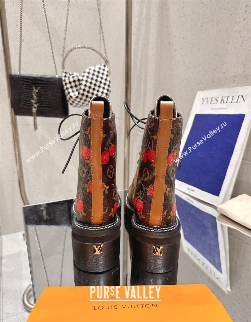 Louis Vuitton LV x TM Monogram Canvas and Leather Laced-up Ankle Boots Brown/Cherry Red 2025 LV102204 (MD-251022032)