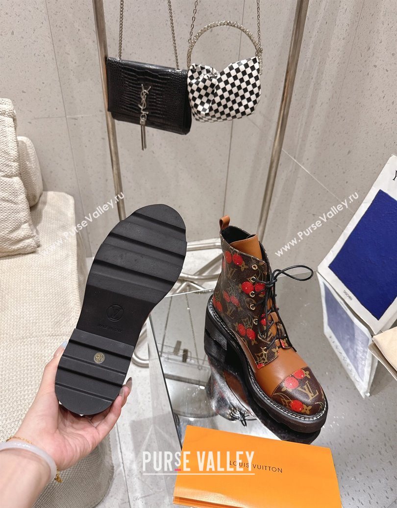 Louis Vuitton LV x TM Monogram Canvas and Leather Laced-up Ankle Boots Brown/Cherry Red 2025 LV102204 (MD-251022032)