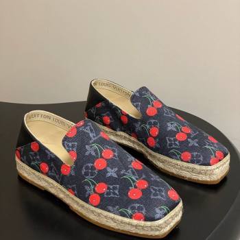 Louis Vuitton LV x TM Cerise Cherry Printed Denim Flat Espadrilles Black 2025 LV102205 (MD-251022043)