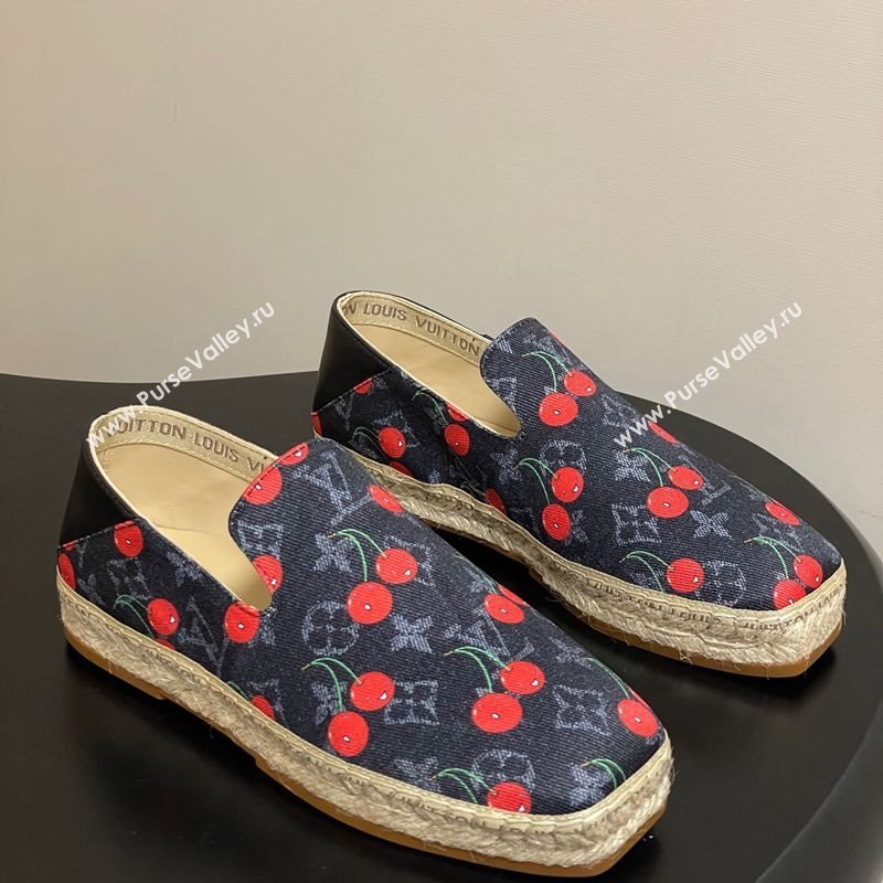 Louis Vuitton LV x TM Cerise Cherry Printed Denim Flat Espadrilles Black 2025 LV102205 (MD-251022043)