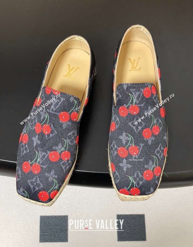 Louis Vuitton LV x TM Cerise Cherry Printed Denim Flat Espadrilles Black 2025 LV102205 (MD-251022043)
