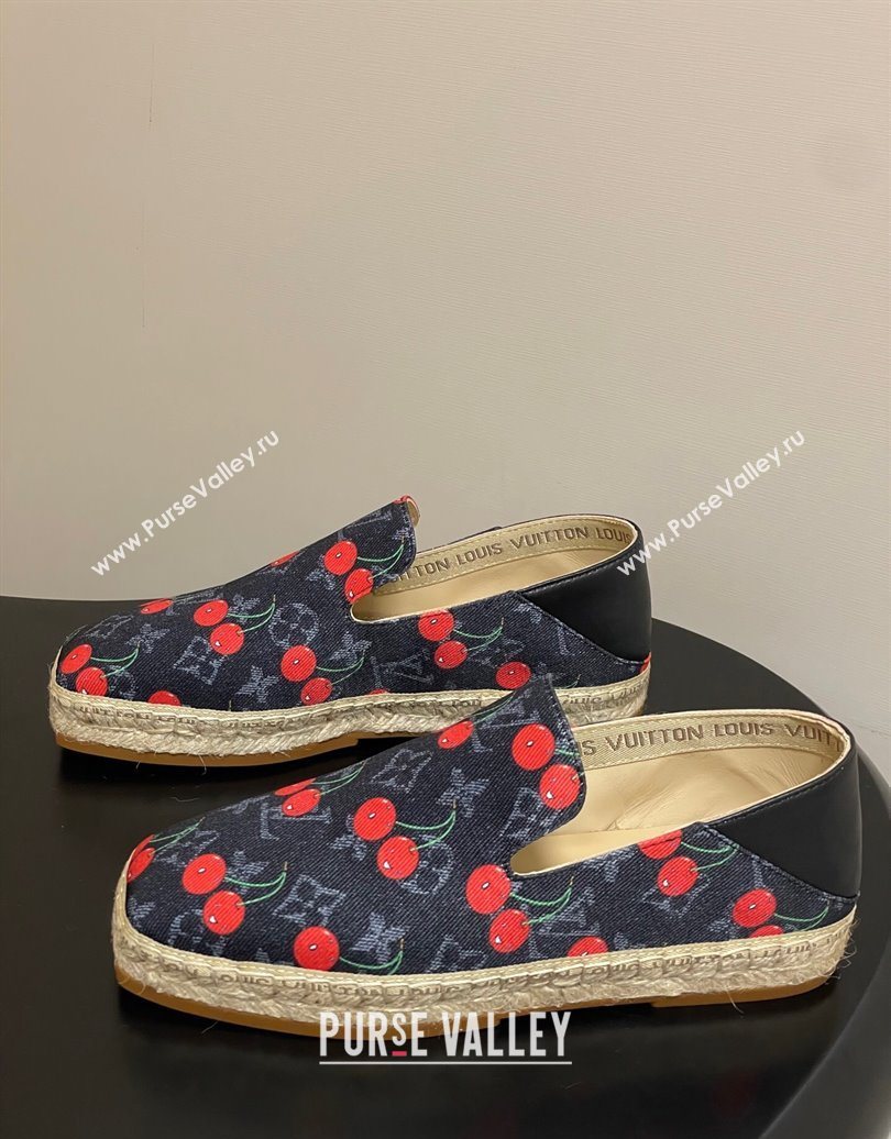 Louis Vuitton LV x TM Cerise Cherry Printed Denim Flat Espadrilles Black 2025 LV102205 (MD-251022043)
