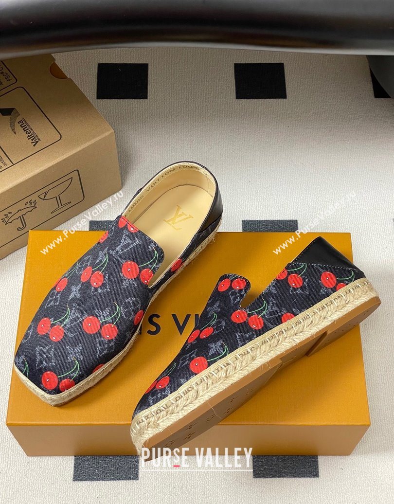 Louis Vuitton LV x TM Cerise Cherry Printed Denim Flat Espadrilles Black 2025 LV102205 (MD-251022043)
