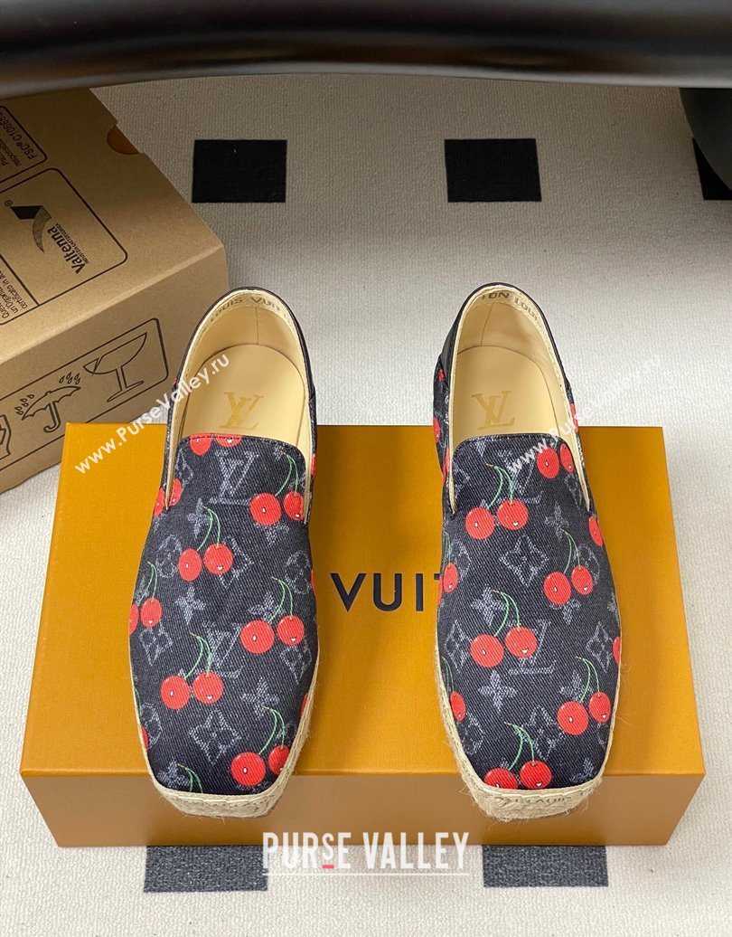 Louis Vuitton LV x TM Cerise Cherry Printed Denim Flat Espadrilles Black 2025 LV102205 (MD-251022043)