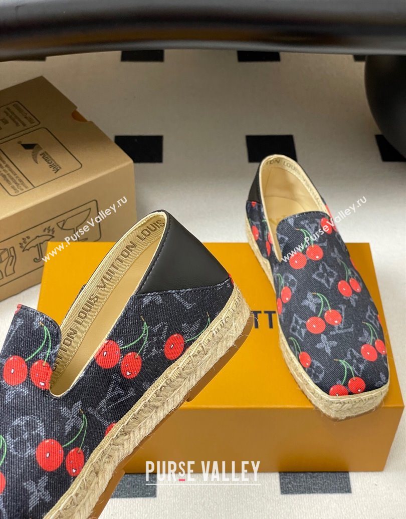 Louis Vuitton LV x TM Cerise Cherry Printed Denim Flat Espadrilles Black 2025 LV102205 (MD-251022043)