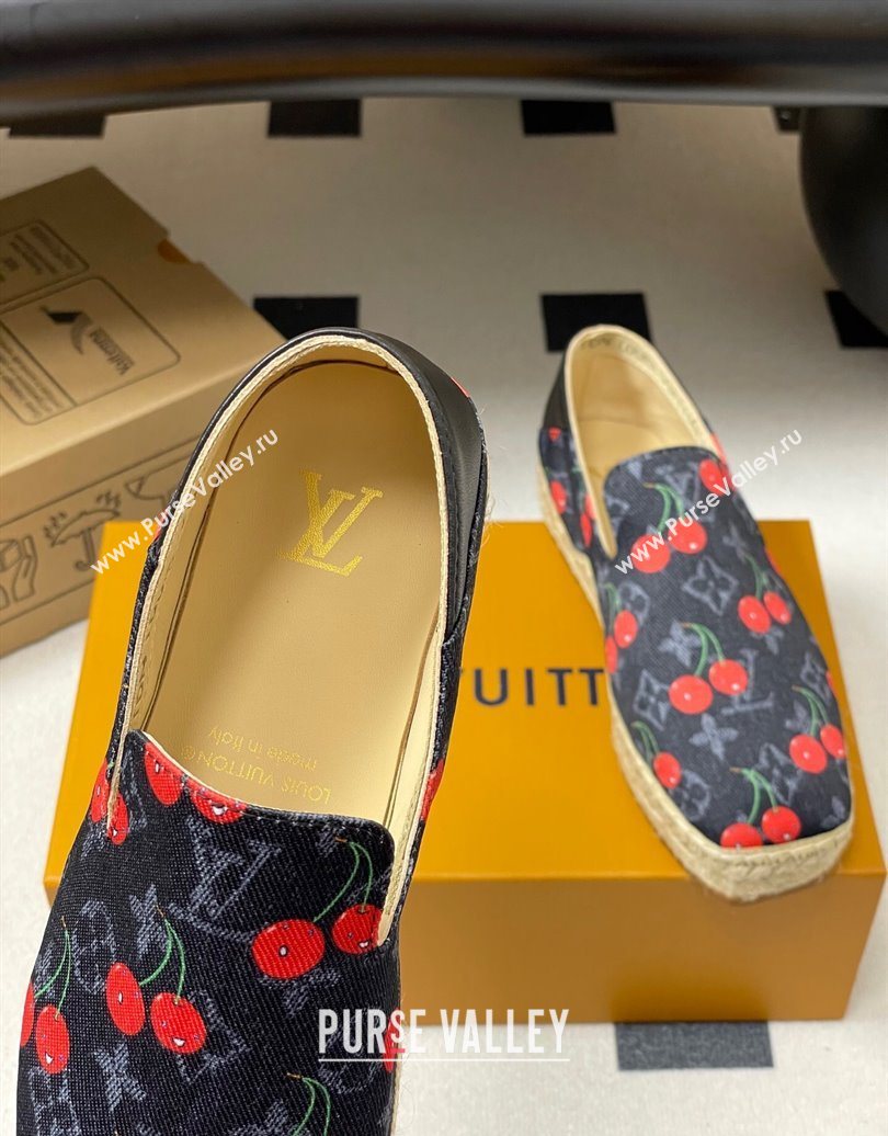 Louis Vuitton LV x TM Cerise Cherry Printed Denim Flat Espadrilles Black 2025 LV102205 (MD-251022043)