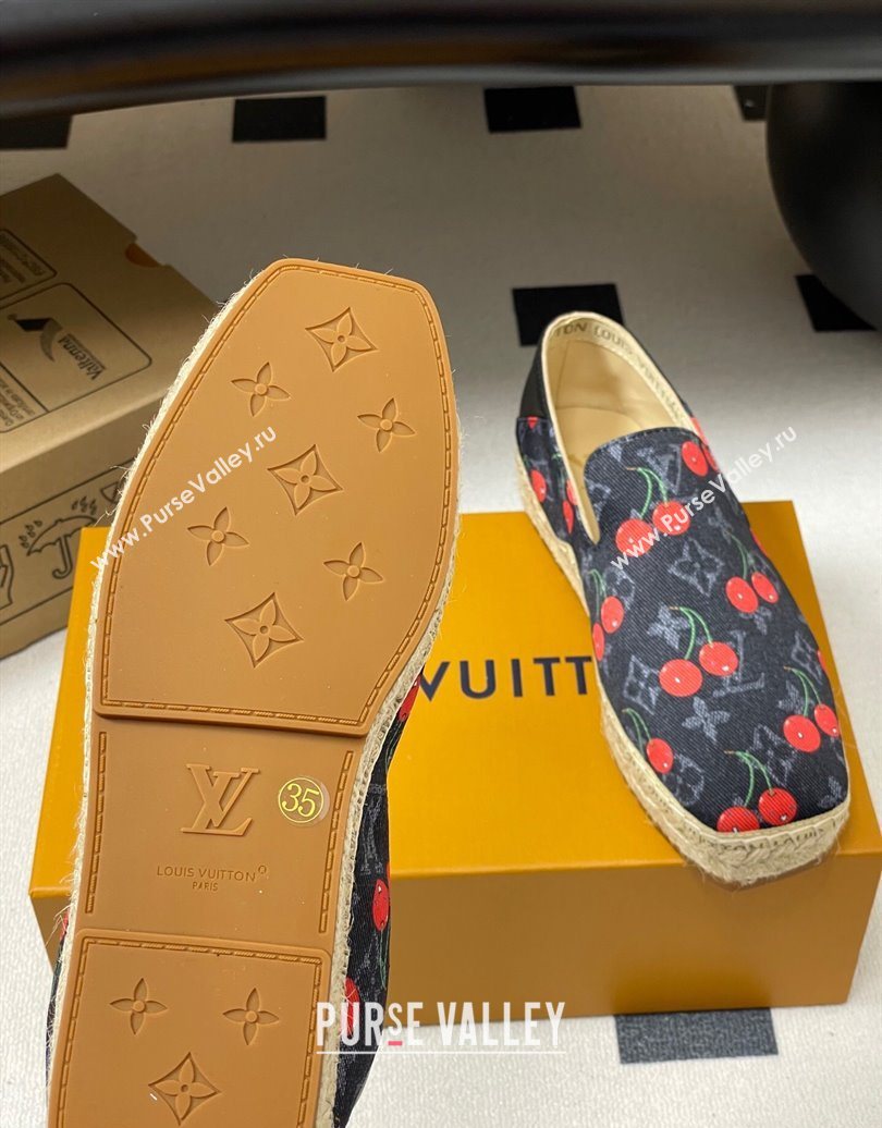 Louis Vuitton LV x TM Cerise Cherry Printed Denim Flat Espadrilles Black 2025 LV102205 (MD-251022043)