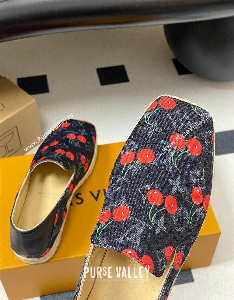Louis Vuitton LV x TM Cerise Cherry Printed Denim Flat Espadrilles Black 2025 LV102205 (MD-251022043)