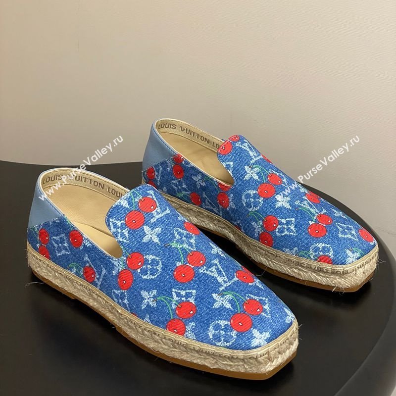 Louis Vuitton LV x TM Cerise Cherry Printed Denim Flat Espadrilles Blue 2025 LV102205 (MD-251022044)