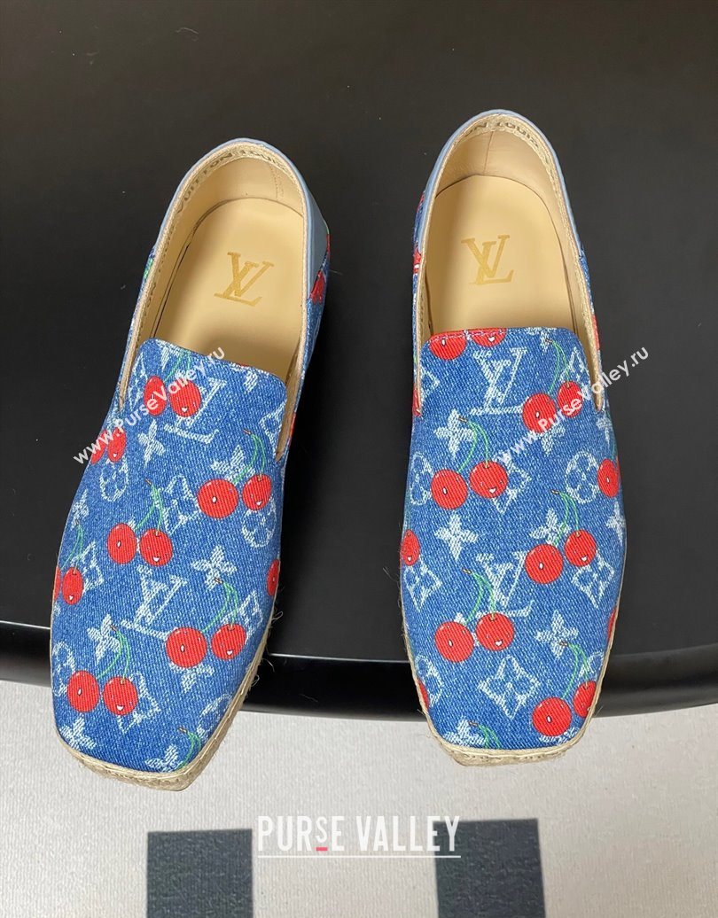 Louis Vuitton LV x TM Cerise Cherry Printed Denim Flat Espadrilles Blue 2025 LV102205 (MD-251022044)