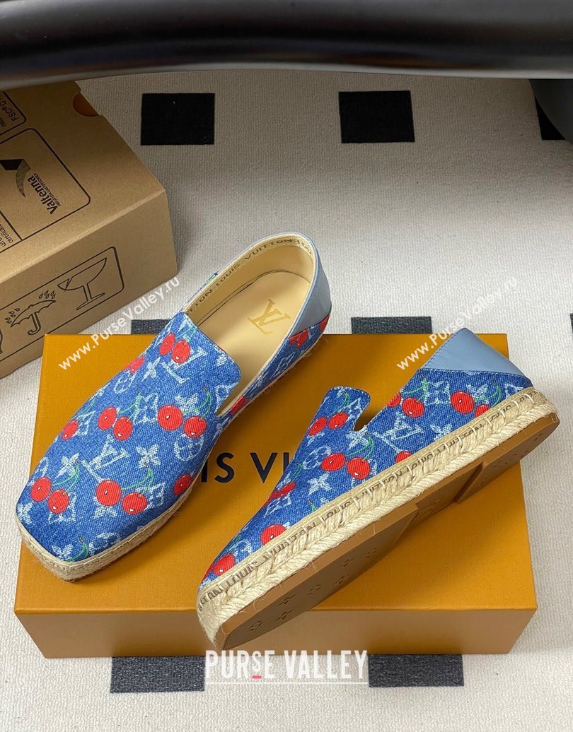 Louis Vuitton LV x TM Cerise Cherry Printed Denim Flat Espadrilles Blue 2025 LV102205 (MD-251022044)