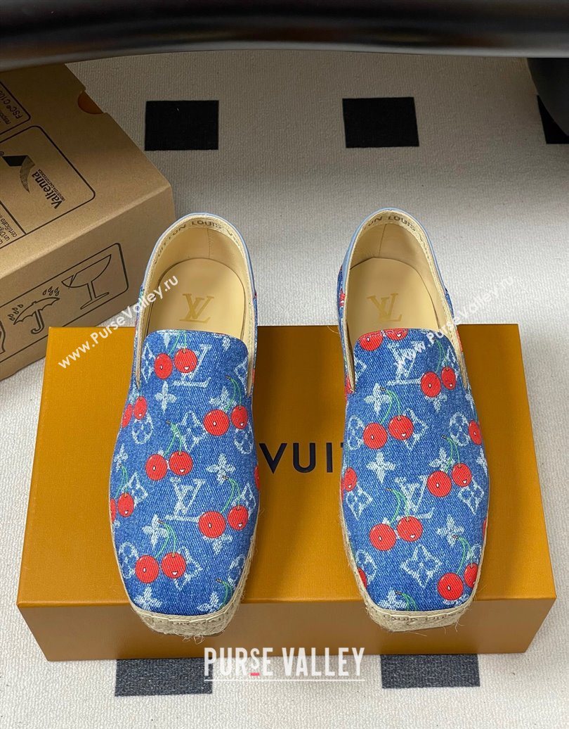 Louis Vuitton LV x TM Cerise Cherry Printed Denim Flat Espadrilles Blue 2025 LV102205 (MD-251022044)