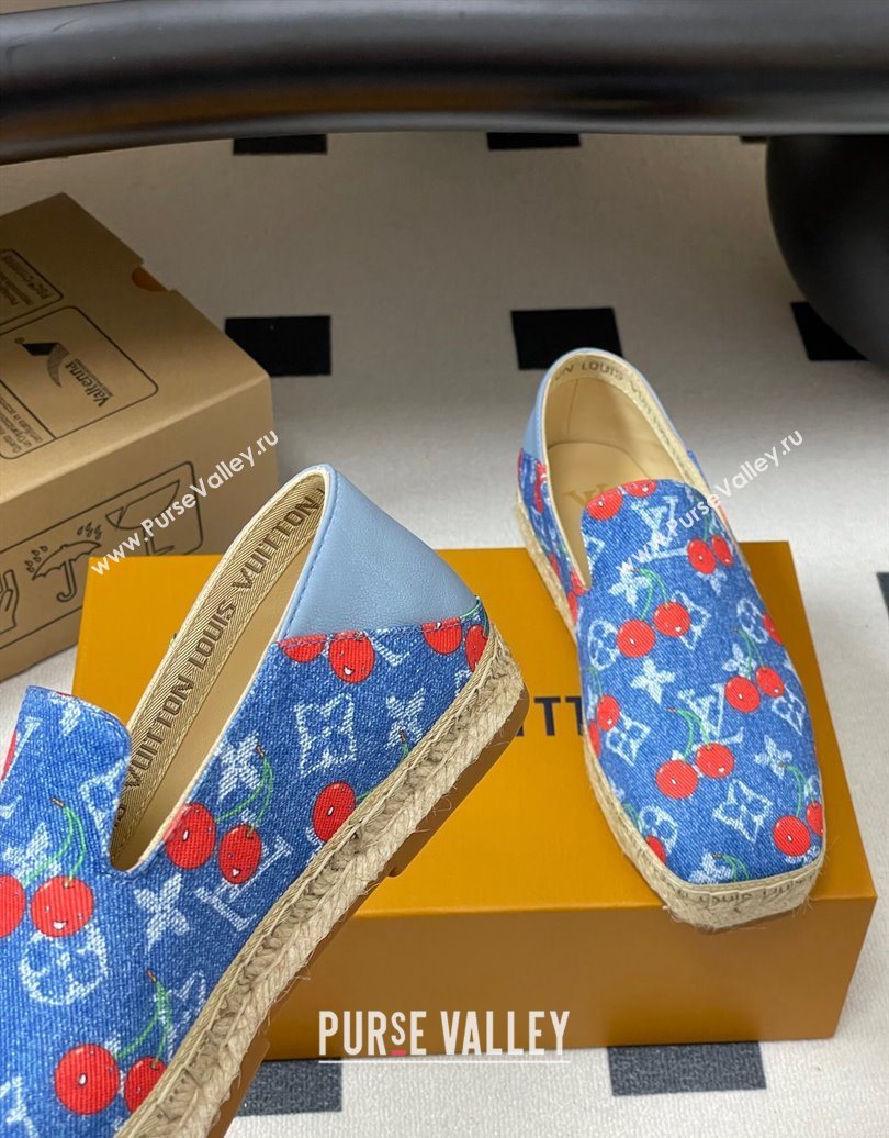 Louis Vuitton LV x TM Cerise Cherry Printed Denim Flat Espadrilles Blue 2025 LV102205 (MD-251022044)