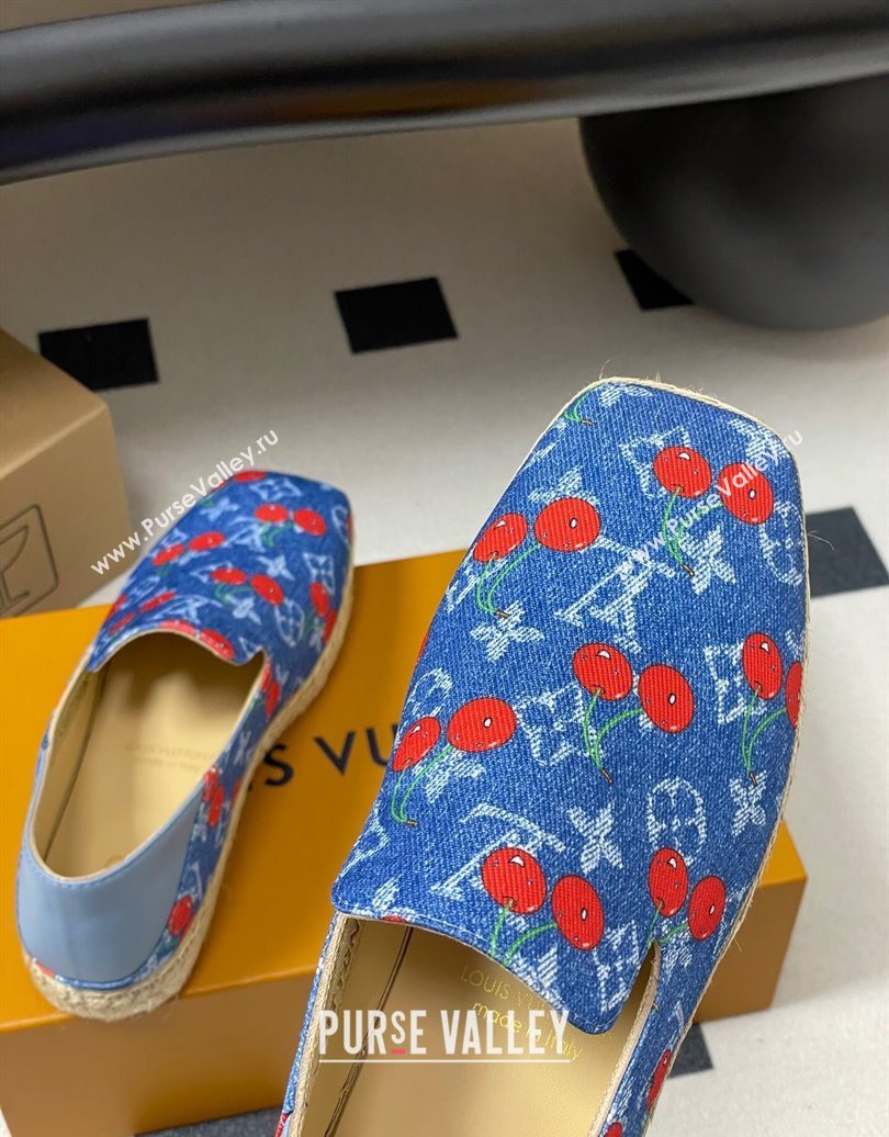 Louis Vuitton LV x TM Cerise Cherry Printed Denim Flat Espadrilles Blue 2025 LV102205 (MD-251022044)