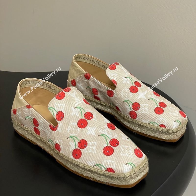 Louis Vuitton LV x TM Cerise Cherry Printed Denim Flat Espadrilles Beige 2025 LV102205 (MD-251022045)