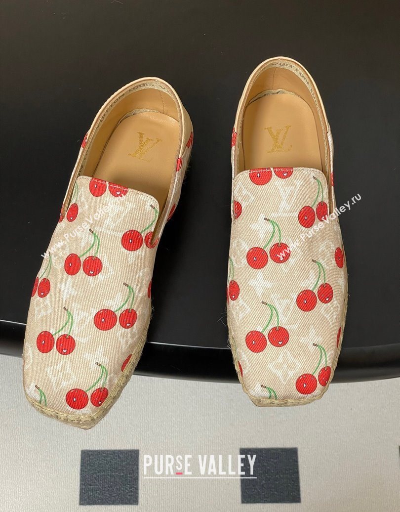 Louis Vuitton LV x TM Cerise Cherry Printed Denim Flat Espadrilles Beige 2025 LV102205 (MD-251022045)