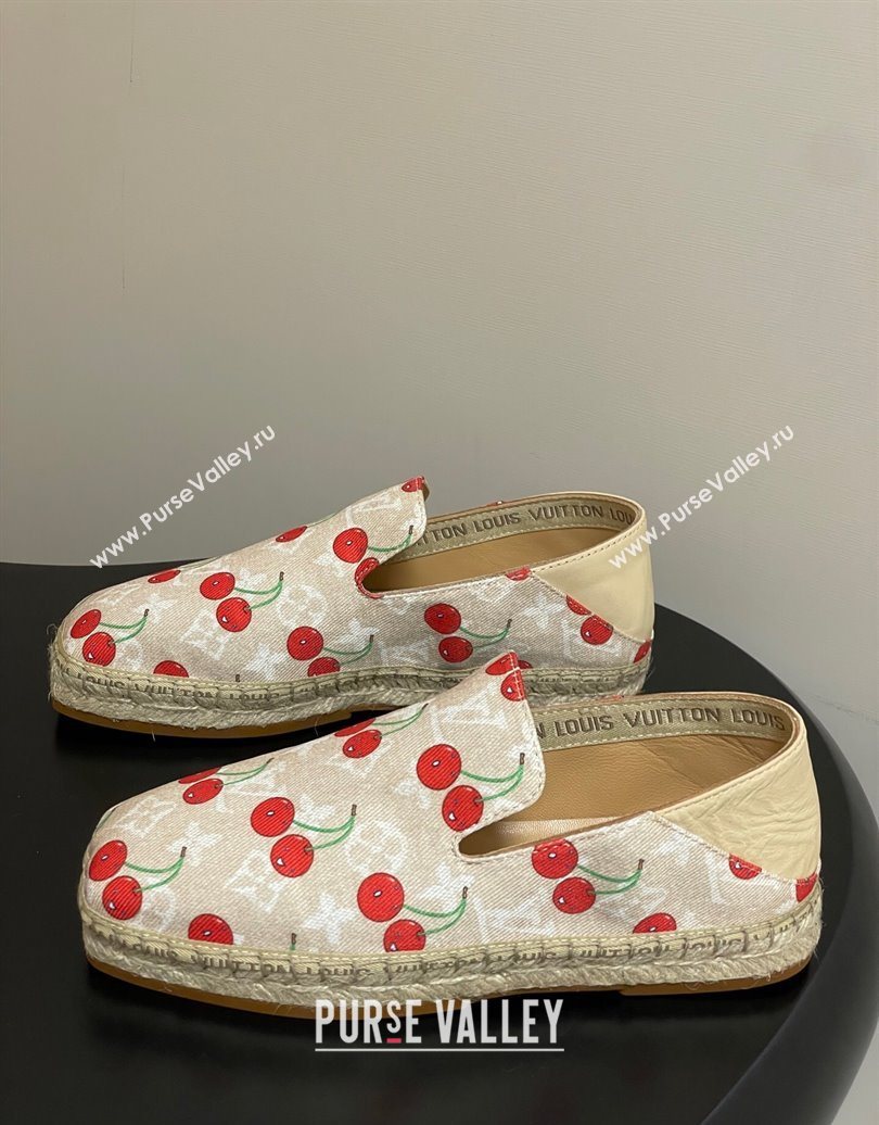 Louis Vuitton LV x TM Cerise Cherry Printed Denim Flat Espadrilles Beige 2025 LV102205 (MD-251022045)