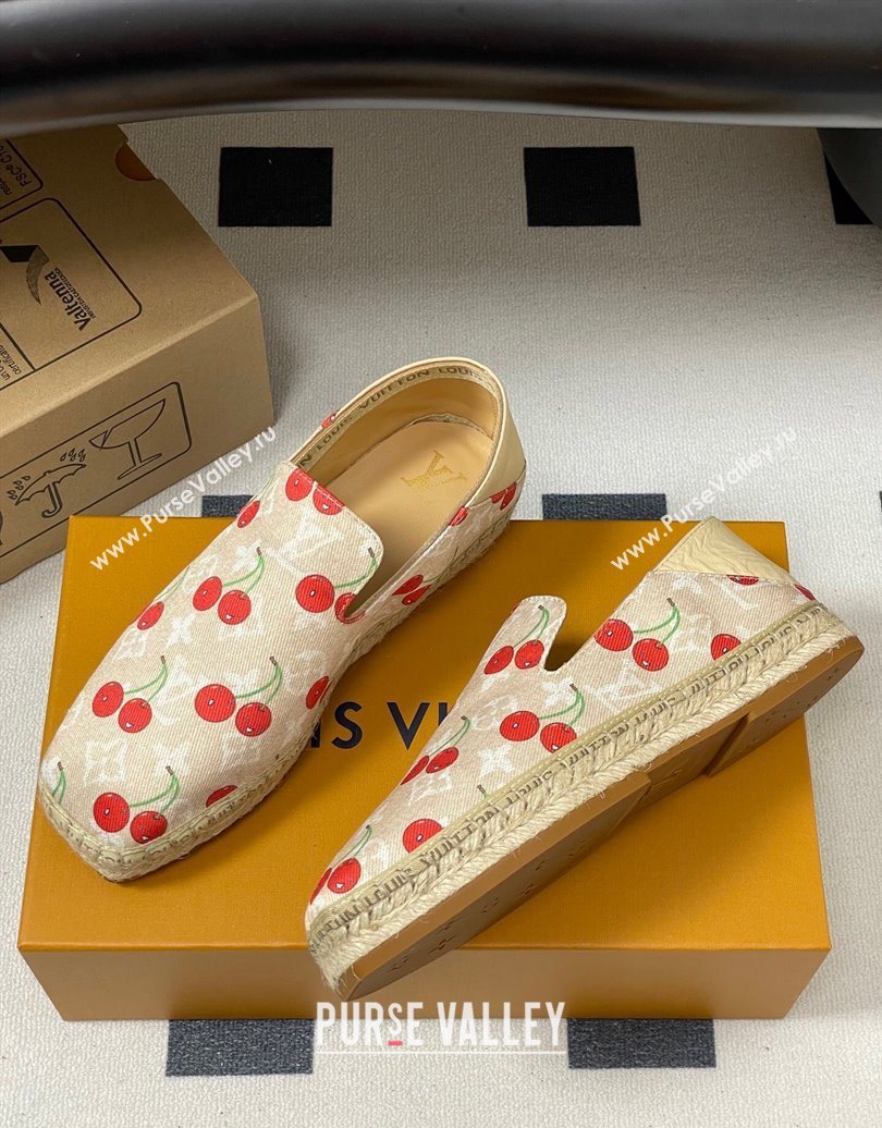 Louis Vuitton LV x TM Cerise Cherry Printed Denim Flat Espadrilles Beige 2025 LV102205 (MD-251022045)