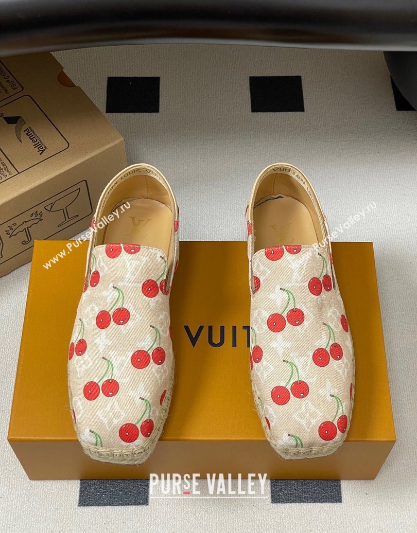 Louis Vuitton LV x TM Cerise Cherry Printed Denim Flat Espadrilles Beige 2025 LV102205 (MD-251022045)