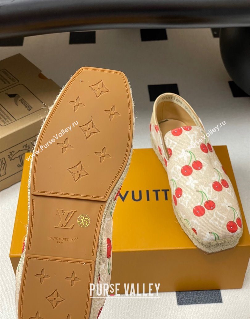 Louis Vuitton LV x TM Cerise Cherry Printed Denim Flat Espadrilles Beige 2025 LV102205 (MD-251022045)