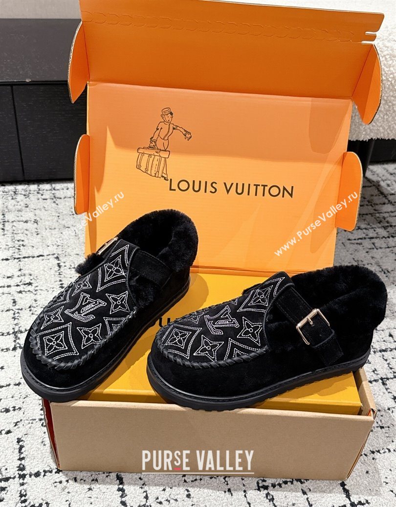 Louis Vuitton Colorado Comfort Mary Janes Loafers in Monogram-Embroidered Suede and Wool Black 2025 1AIGKZ (MD-251022077)