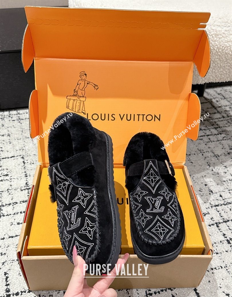 Louis Vuitton Colorado Comfort Mary Janes Loafers in Monogram-Embroidered Suede and Wool Black 2025 1AIGKZ (MD-251022077)