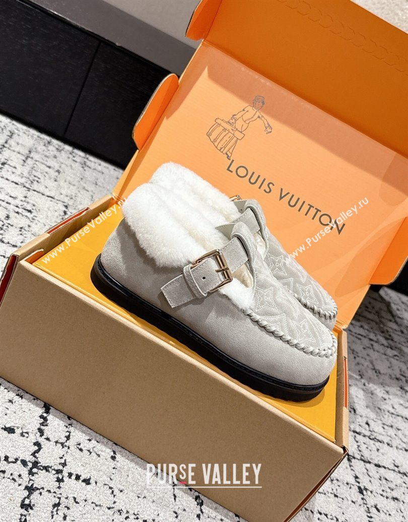 Louis Vuitton Colorado Comfort Mary Janes Loafers in Monogram-Embroidered Suede and Wool Light Grey 2025 1AIGKZ (MD-251022078)