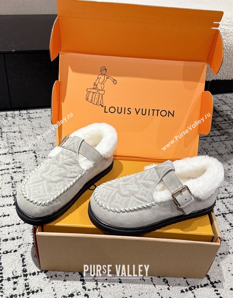 Louis Vuitton Colorado Comfort Mary Janes Loafers in Monogram-Embroidered Suede and Wool Light Grey 2025 1AIGKZ (MD-251022078)