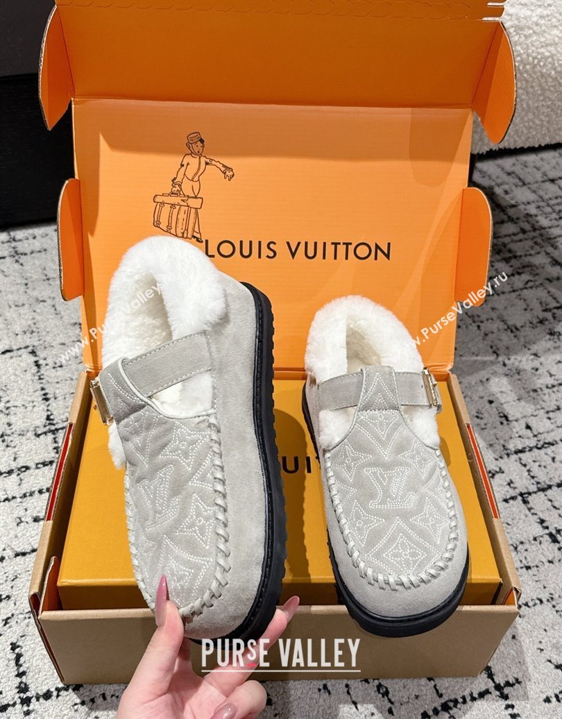 Louis Vuitton Colorado Comfort Mary Janes Loafers in Monogram-Embroidered Suede and Wool Light Grey 2025 1AIGKZ (MD-251022078)