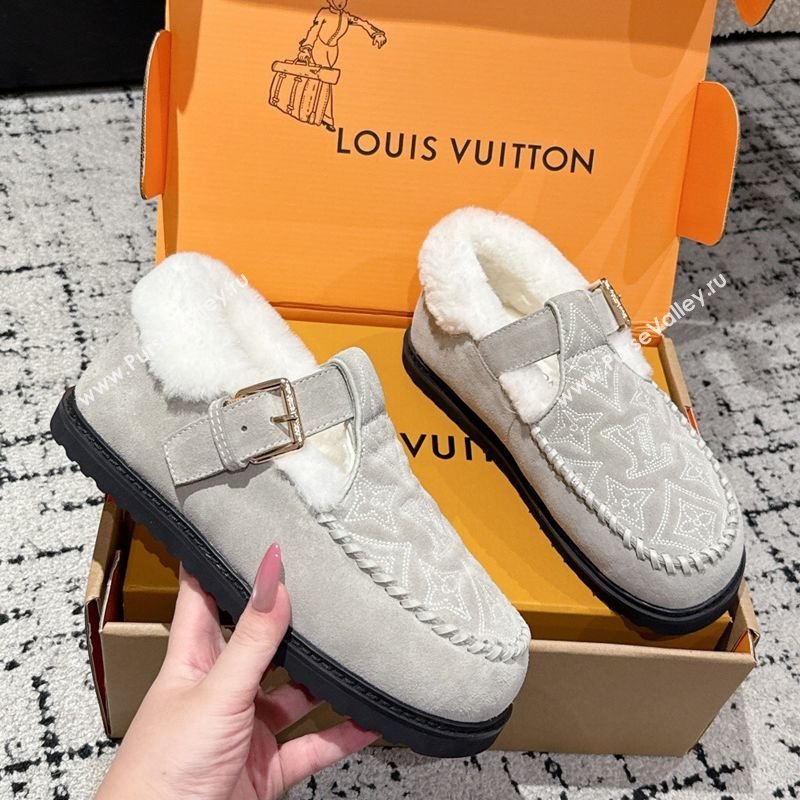 Louis Vuitton Colorado Comfort Mary Janes Loafers in Monogram-Embroidered Suede and Wool Light Grey 2025 1AIGKZ (MD-251022078)