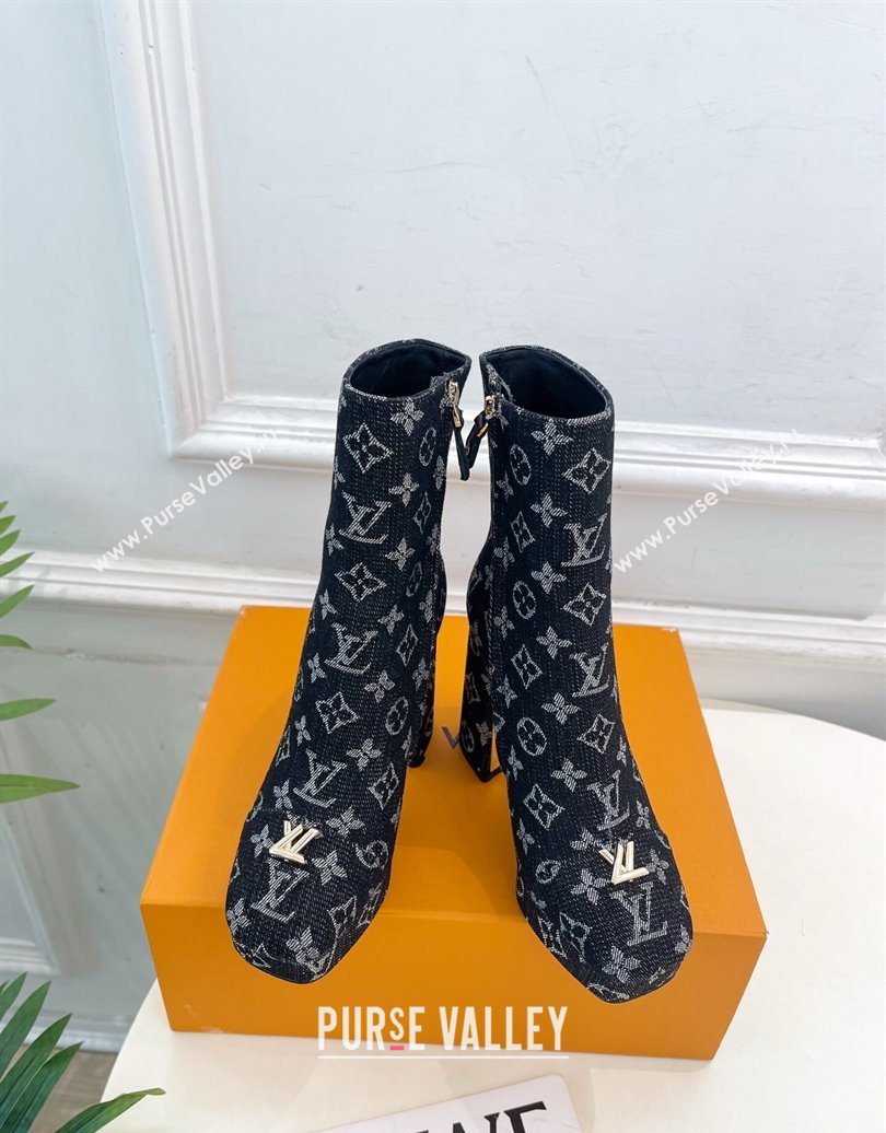 Louis Vuitton Swing Heel Platform Ankle Boots 11cm in Monogram Denim Black 2025 1AID09 (MD-251021121)
