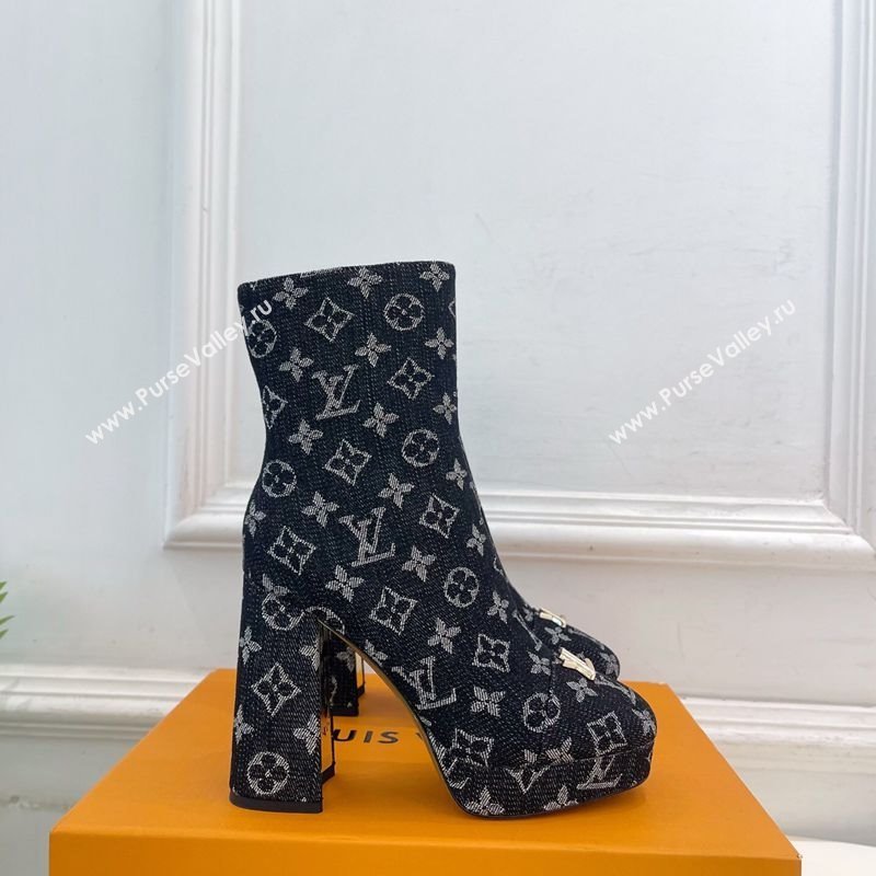 Louis Vuitton Swing Heel Platform Ankle Boots 11cm in Monogram Denim Black 2025 1AID09 (MD-251021121)