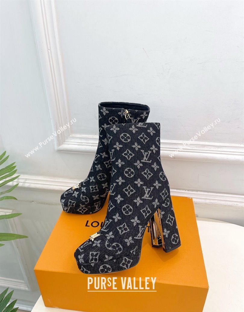 Louis Vuitton Swing Heel Platform Ankle Boots 11cm in Monogram Denim Black 2025 1AID09 (MD-251021121)