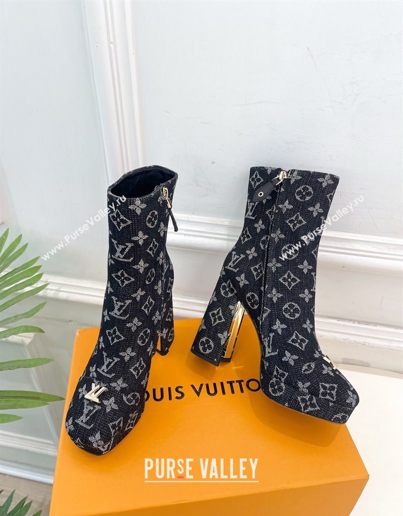 Louis Vuitton Swing Heel Platform Ankle Boots 11cm in Monogram Denim Black 2025 1AID09 (MD-251021121)