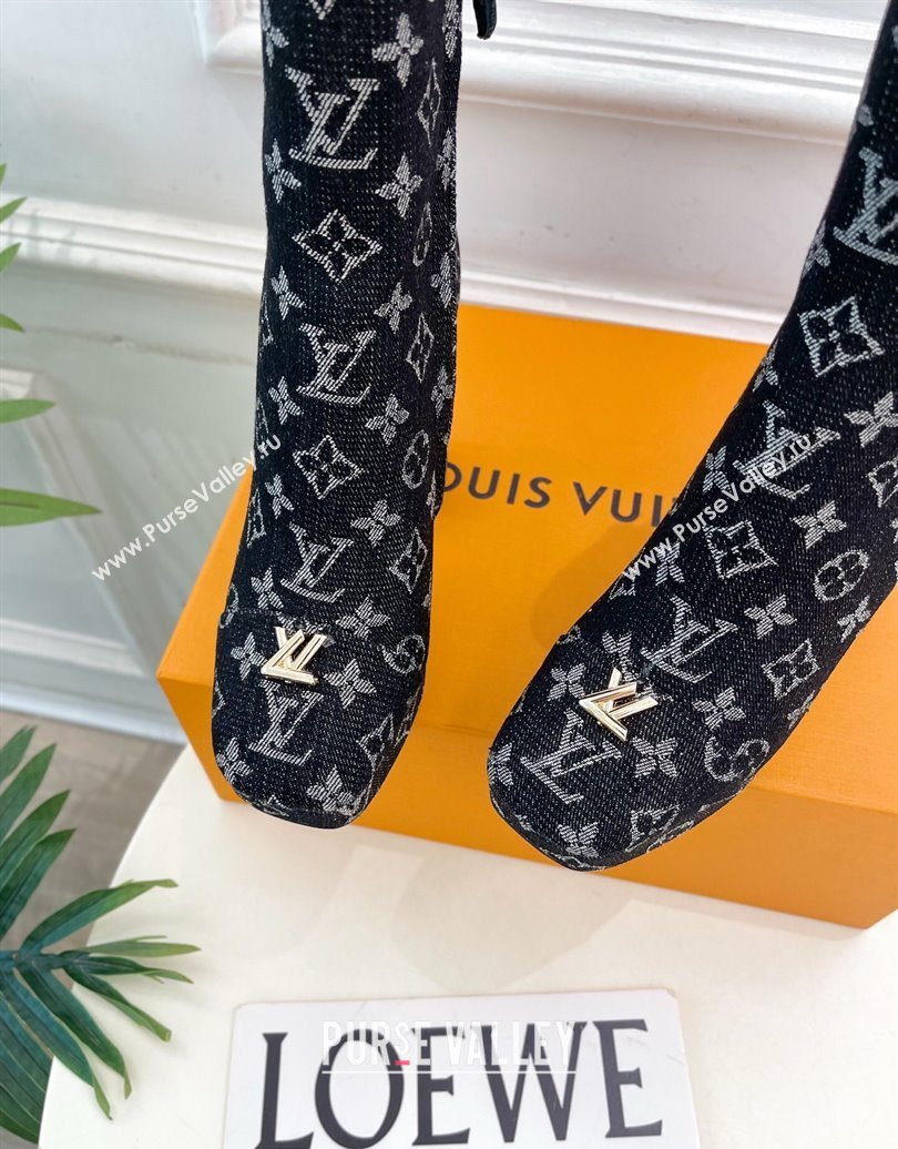 Louis Vuitton Swing Heel Platform Ankle Boots 11cm in Monogram Denim Black 2025 1AID09 (MD-251021121)