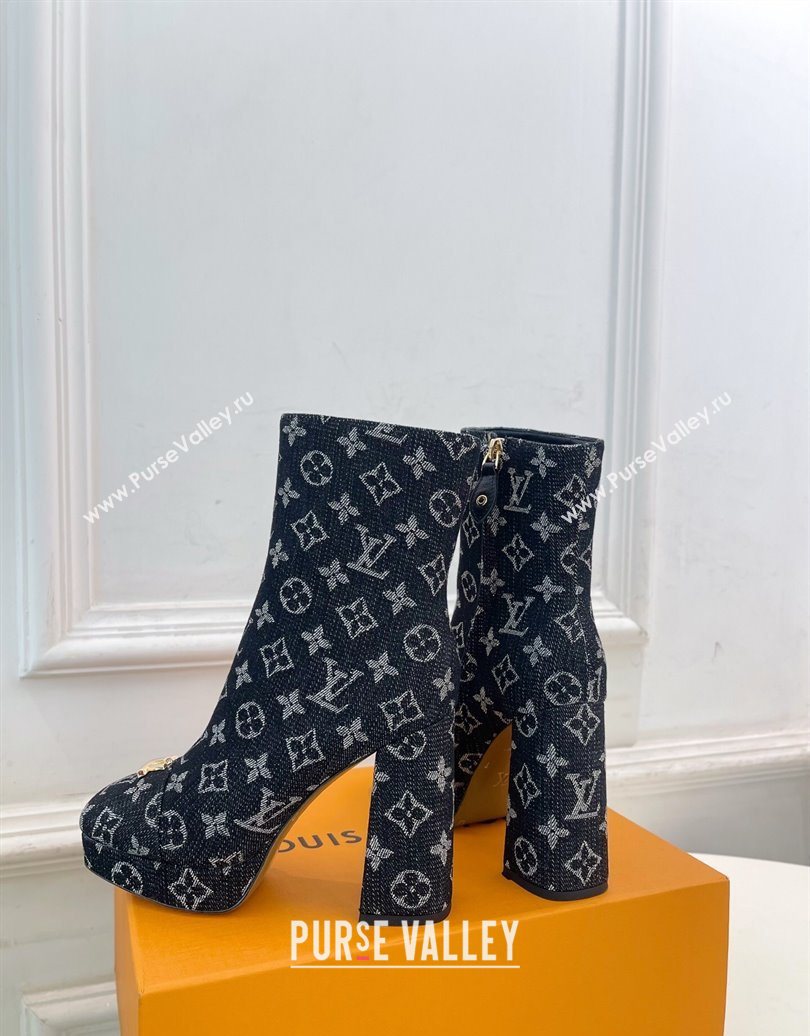 Louis Vuitton Swing Heel Platform Ankle Boots 11cm in Monogram Denim Black 2025 1AID09 (MD-251021121)