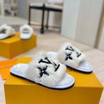 Louis Vuitton Mink Fur and Wool Flat Slides Sandal White 2025 LV102207 (MD-251022130)
