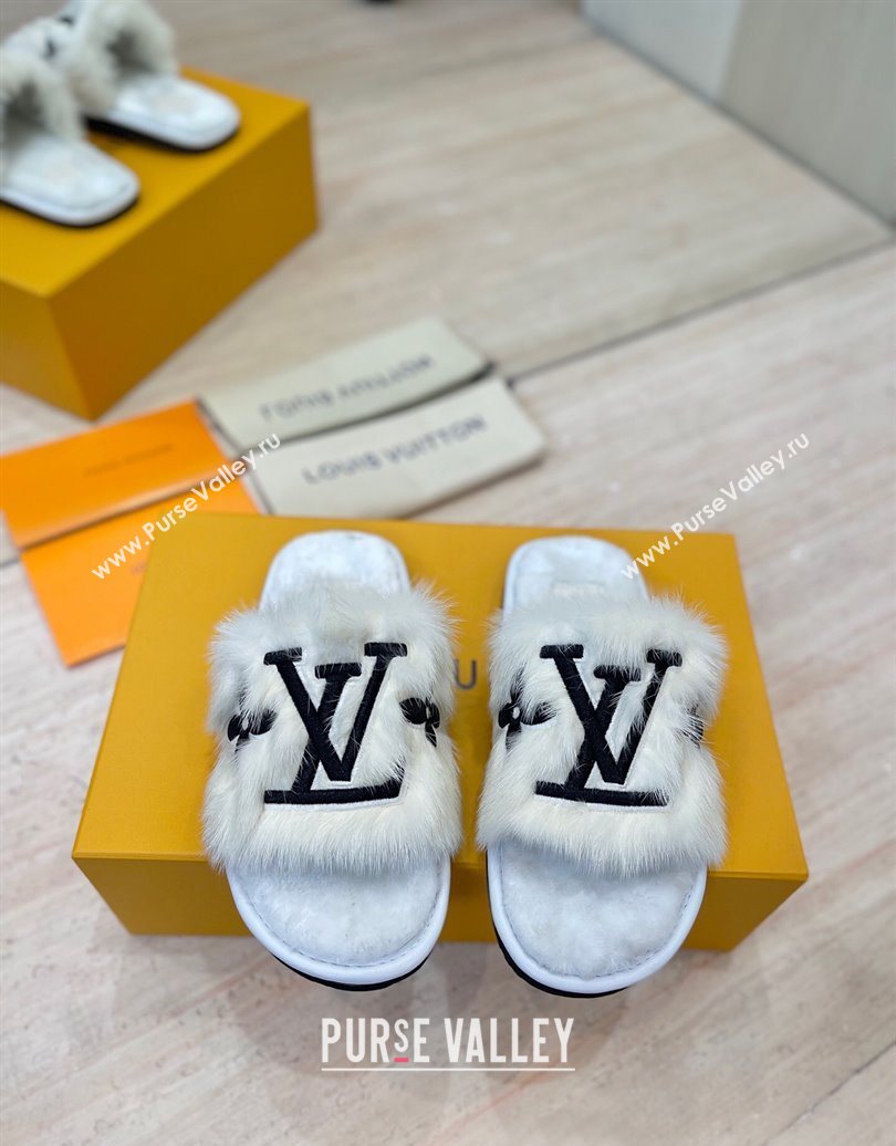 Louis Vuitton Mink Fur and Wool Flat Slides Sandal White 2025 LV102207 (MD-251022130)