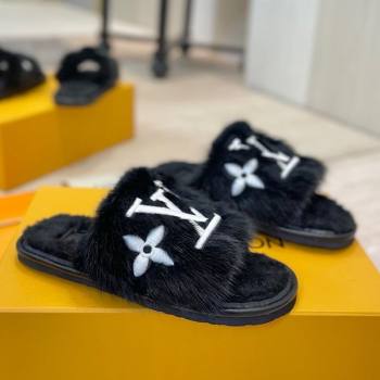 Louis Vuitton Mink Fur and Wool Flat Slides Sandal Black 2025 LV102207 (MD-251022131)
