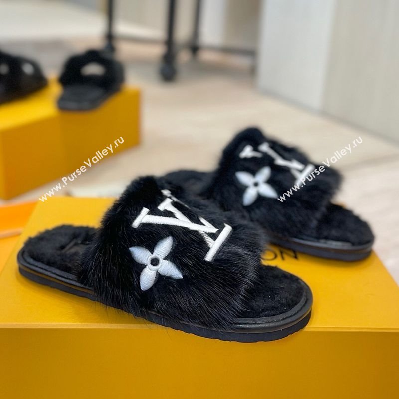 Louis Vuitton Mink Fur and Wool Flat Slides Sandal Black 2025 LV102207 (MD-251022131)