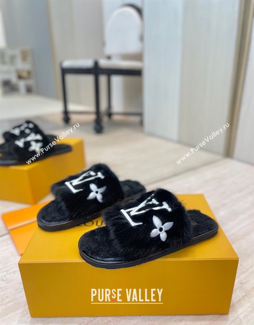 Louis Vuitton Mink Fur and Wool Flat Slides Sandal Black 2025 LV102207 (MD-251022131)