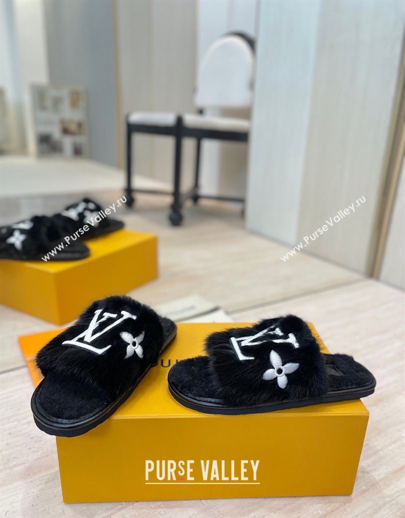 Louis Vuitton Mink Fur and Wool Flat Slides Sandal Black 2025 LV102207 (MD-251022131)