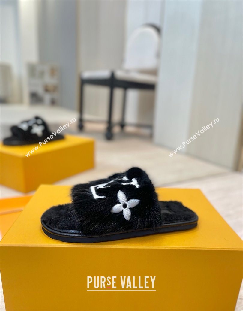 Louis Vuitton Mink Fur and Wool Flat Slides Sandal Black 2025 LV102207 (MD-251022131)