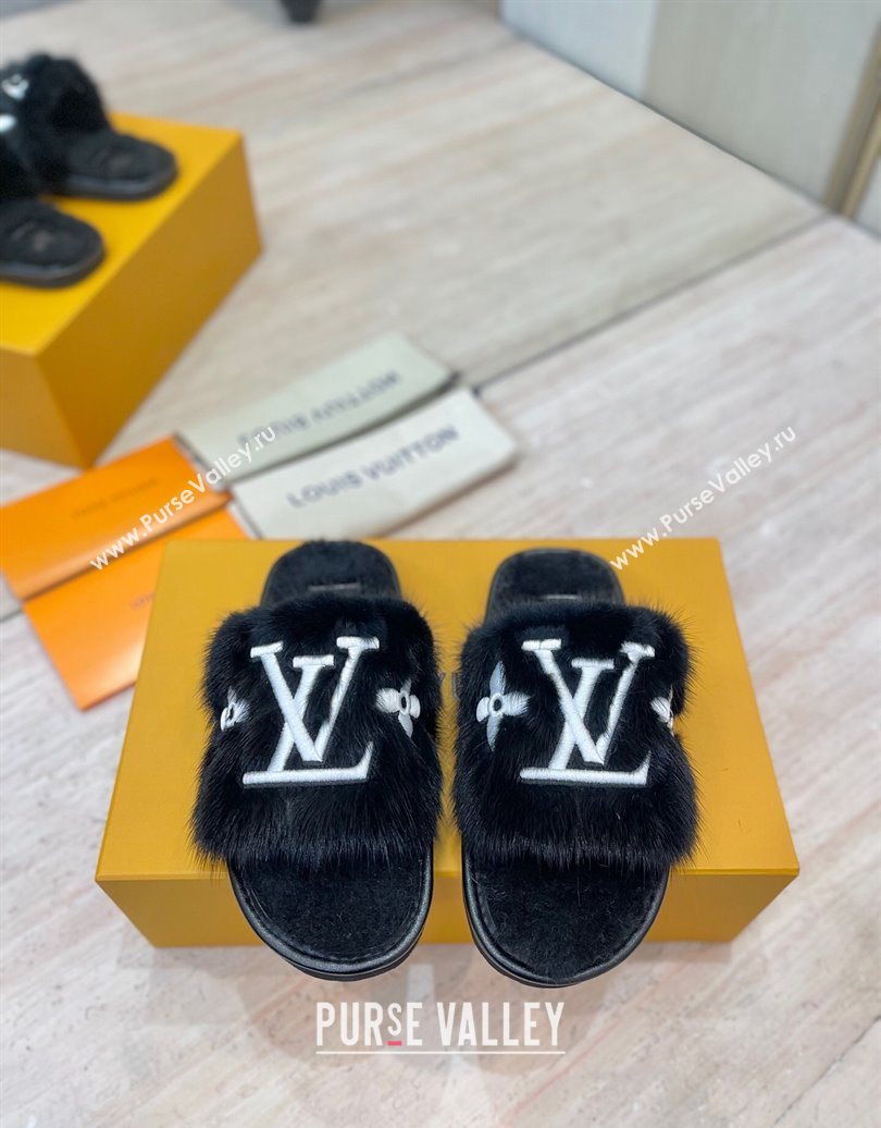 Louis Vuitton Mink Fur and Wool Flat Slides Sandal Black 2025 LV102207 (MD-251022131)