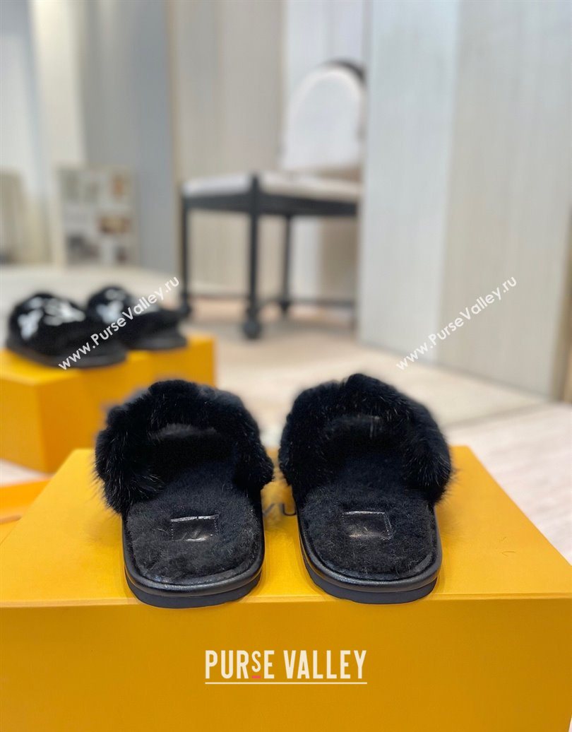 Louis Vuitton Mink Fur and Wool Flat Slides Sandal Black 2025 LV102207 (MD-251022131)